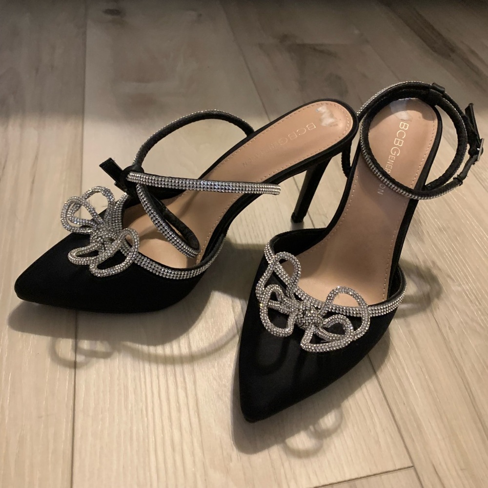BCBG Satin/Rhinestone Ankle Straps 7.5